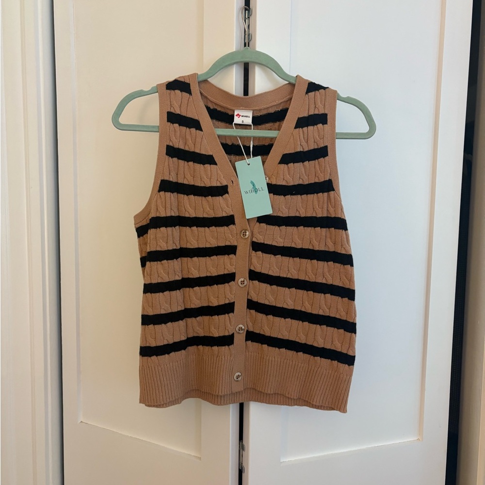 Wiholl Tan & Black Striped Cable-Knit Button Front Vest